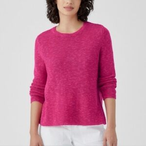 Eileen Fisher Organic Linen Cotton Slub Bright Pink Crewneck Pullover Sweater